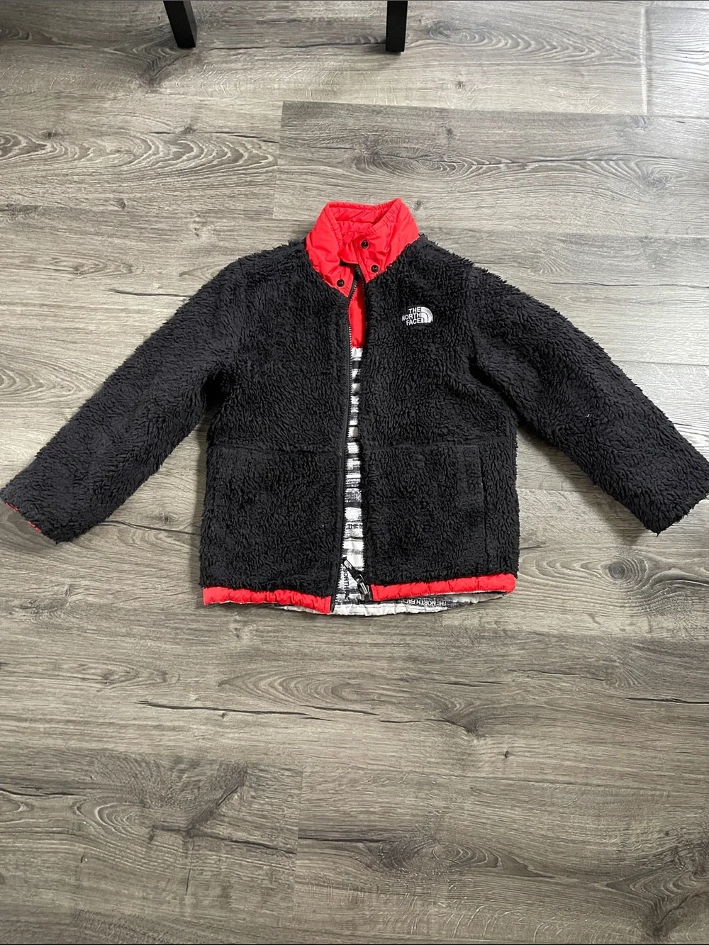 The North Face Kids Red Top with Black & White Striped Puffer Jacket